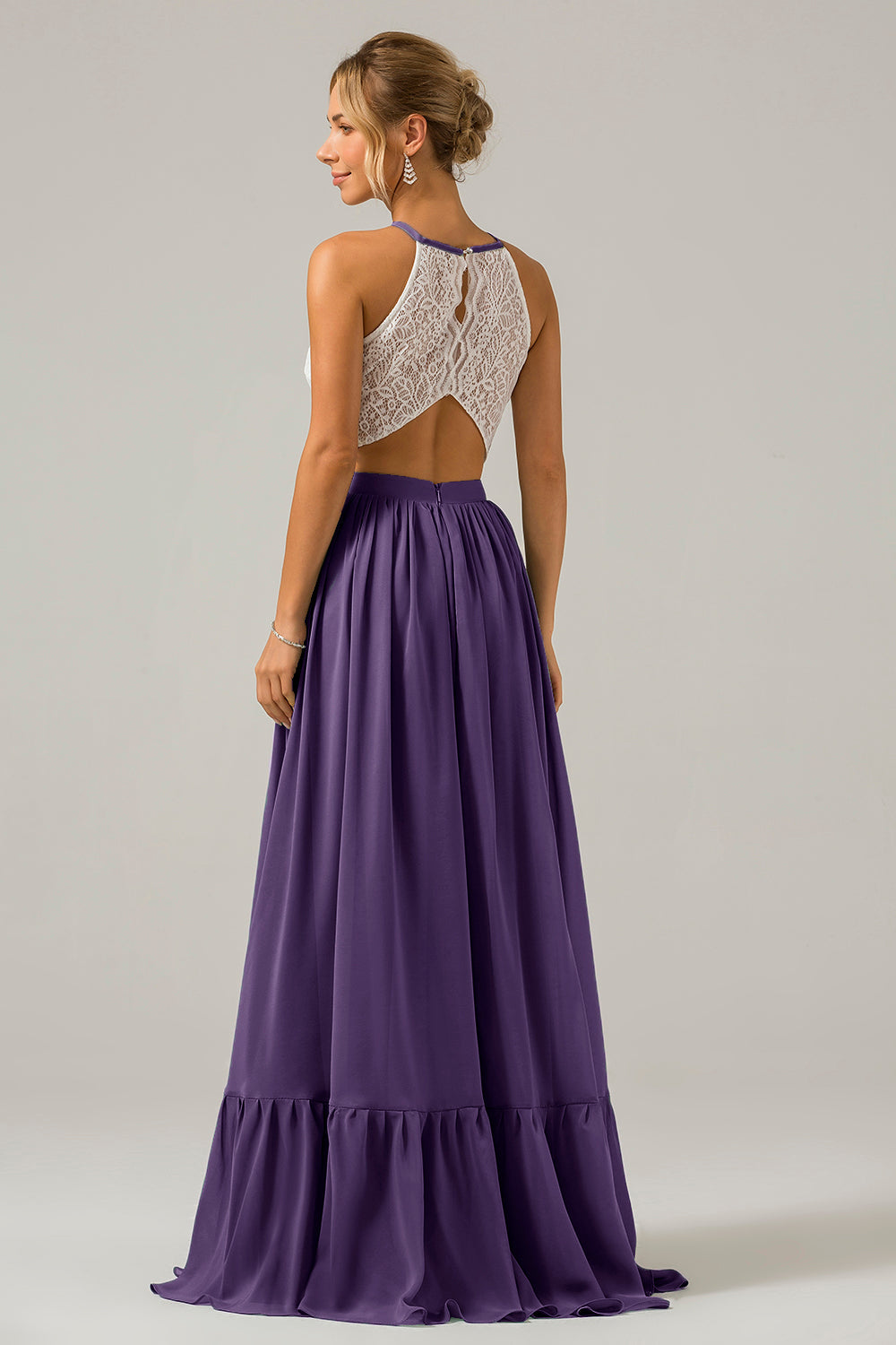 Cabernet Schlüsselloch Boho Chiffon Langes Brautjungfernkleid mit Spitze