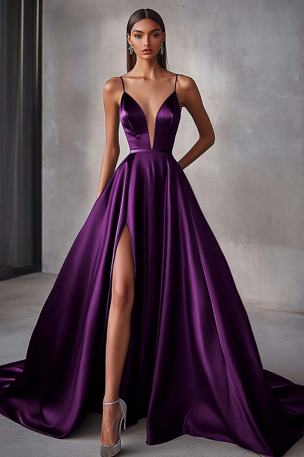 Marineblaues Satin A-Linie Spaghettiträger Langes Ballkleid mit Schlitz