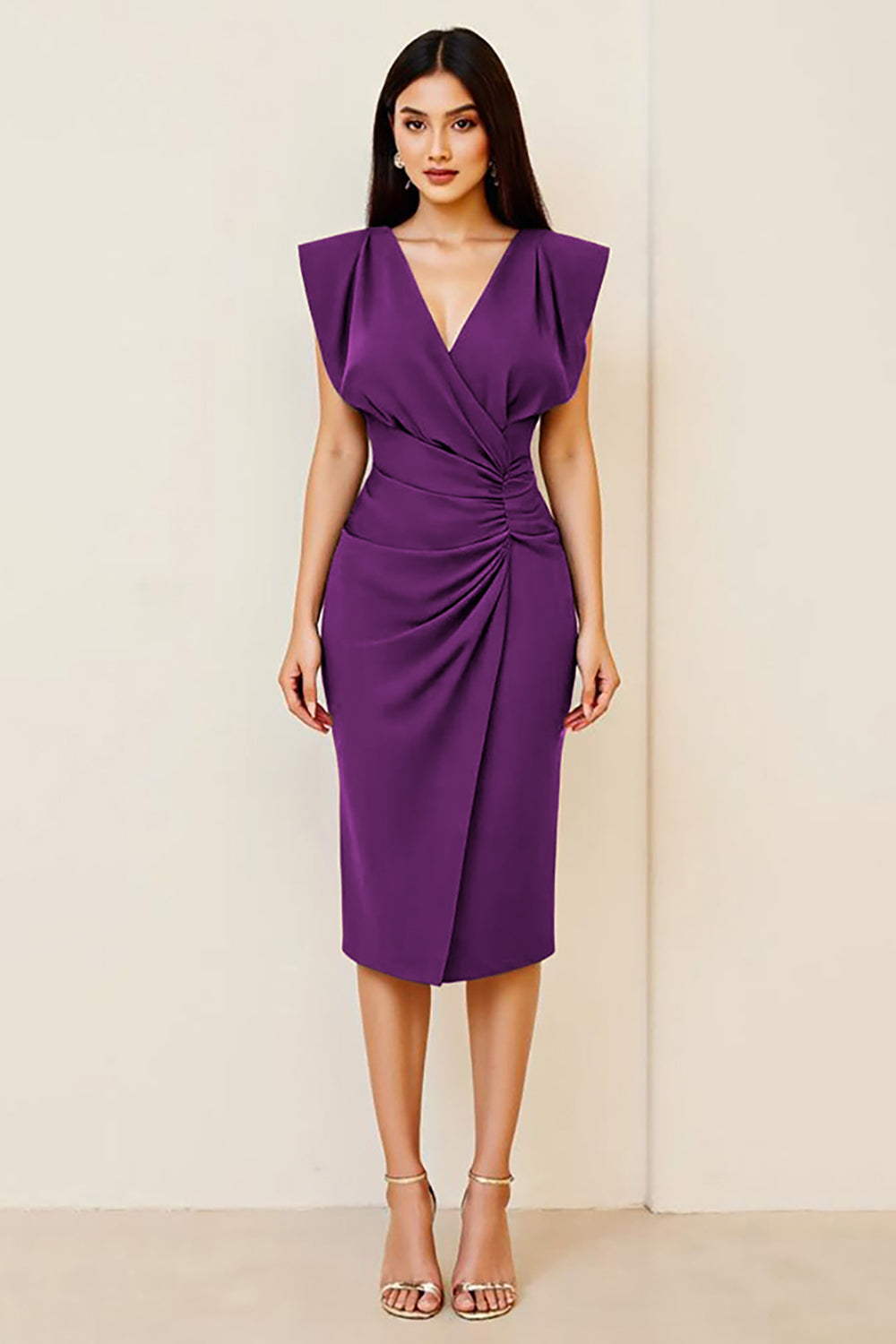 Olive Figurbetontes Midi Partykleid mit Rüschen und V-Ausschnitt