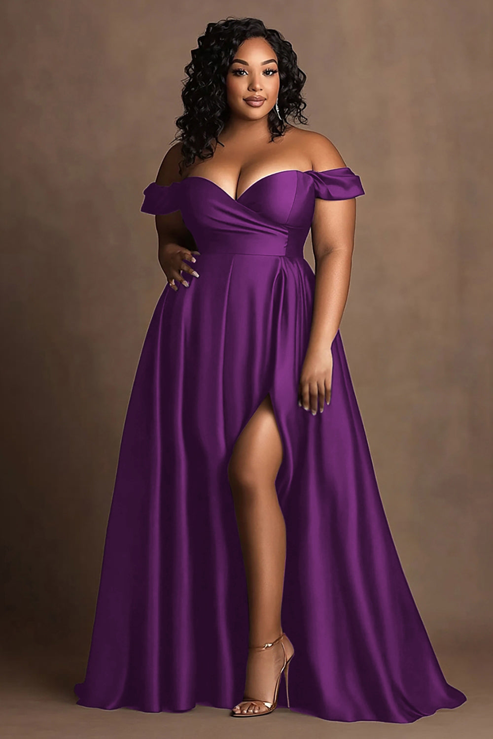 Große Größen Marineblaues Schulterfreies Satin Ballkleid mit Schlitz