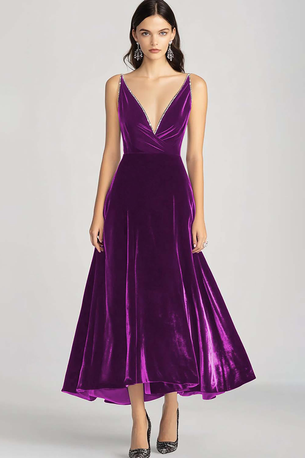 Burgunderrotes Spaghettiträger V-Ausschnitt Samt Ballkleid