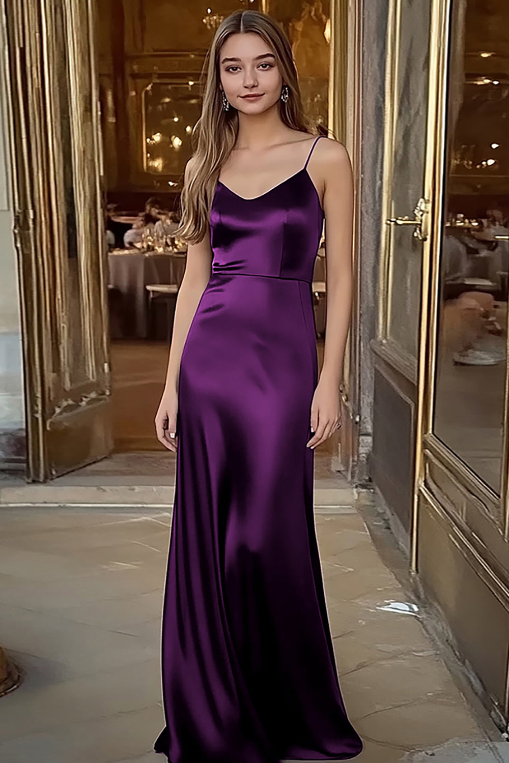 Spaghettiträger Kaffee Satin Langes Ballkleid