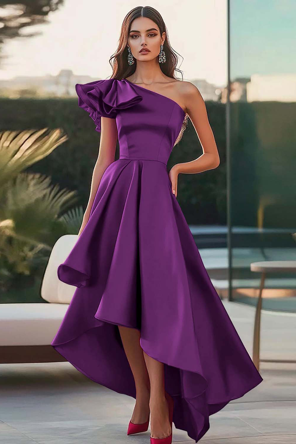 Fuchsia Eine Schulter High-Low Satin Ballkleid in A-Linie