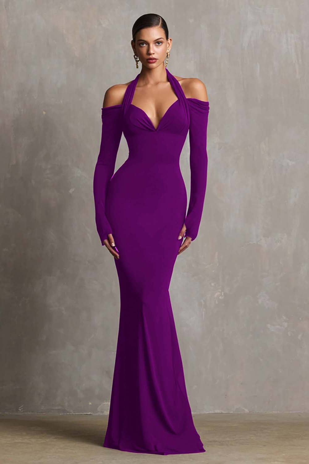Burgunderrotes Neckholder Meerjungfrau Spandex Langes Ballkleid