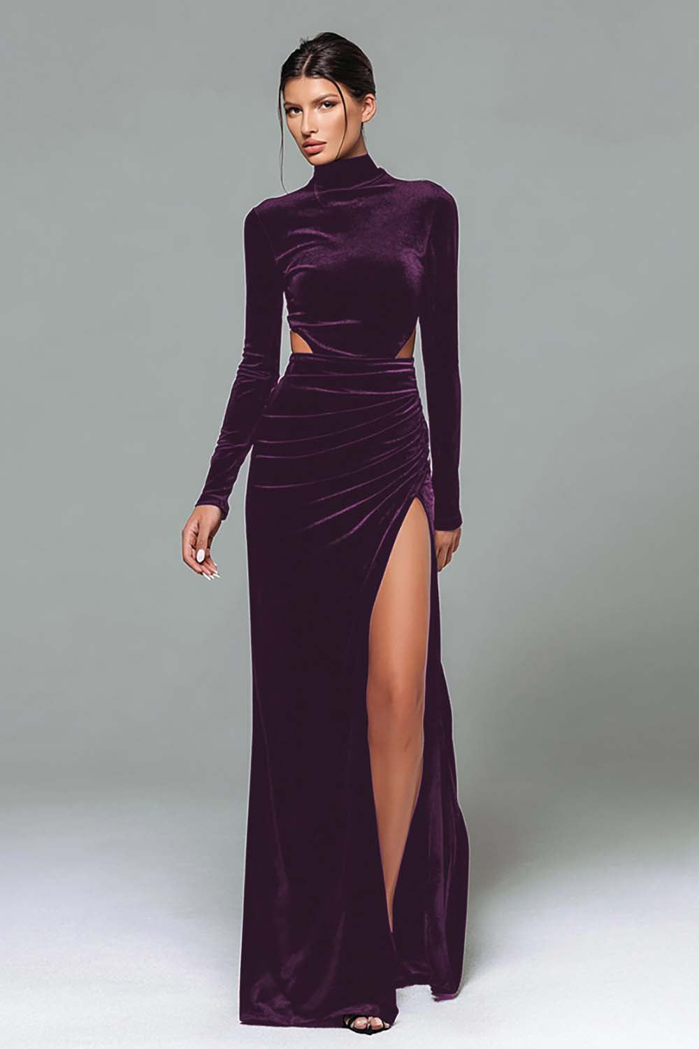 Schwarzes Samt Stehkragen Langarm Urlaub Party Kleid mit Schlitz
