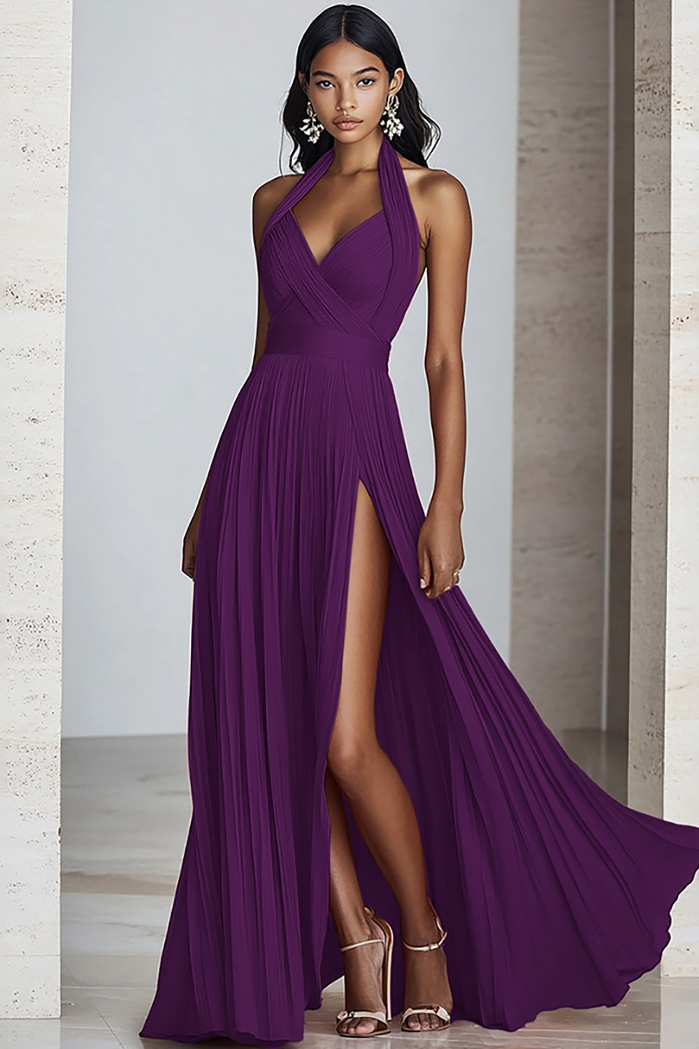 Schwarzes A-Linie Neckholder Chiffon Langes Plissiertes Ballkleid