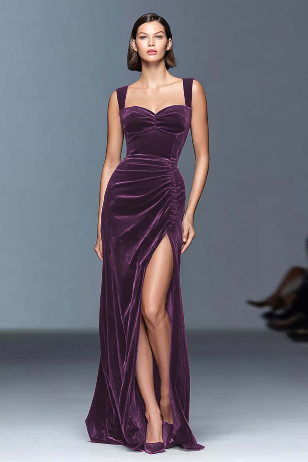 Burgundy Langes Ballkleid in A-Linie aus Samt mit Rüschen