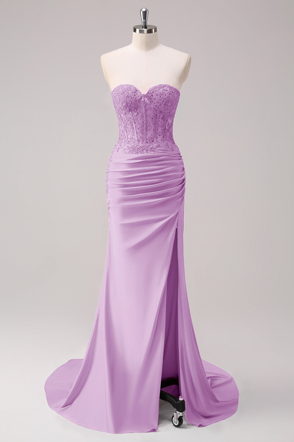 Fuchsia Meerjungfrau Trägerloses Gerafftes Korsett Langes Abendkleid mit Schlitz