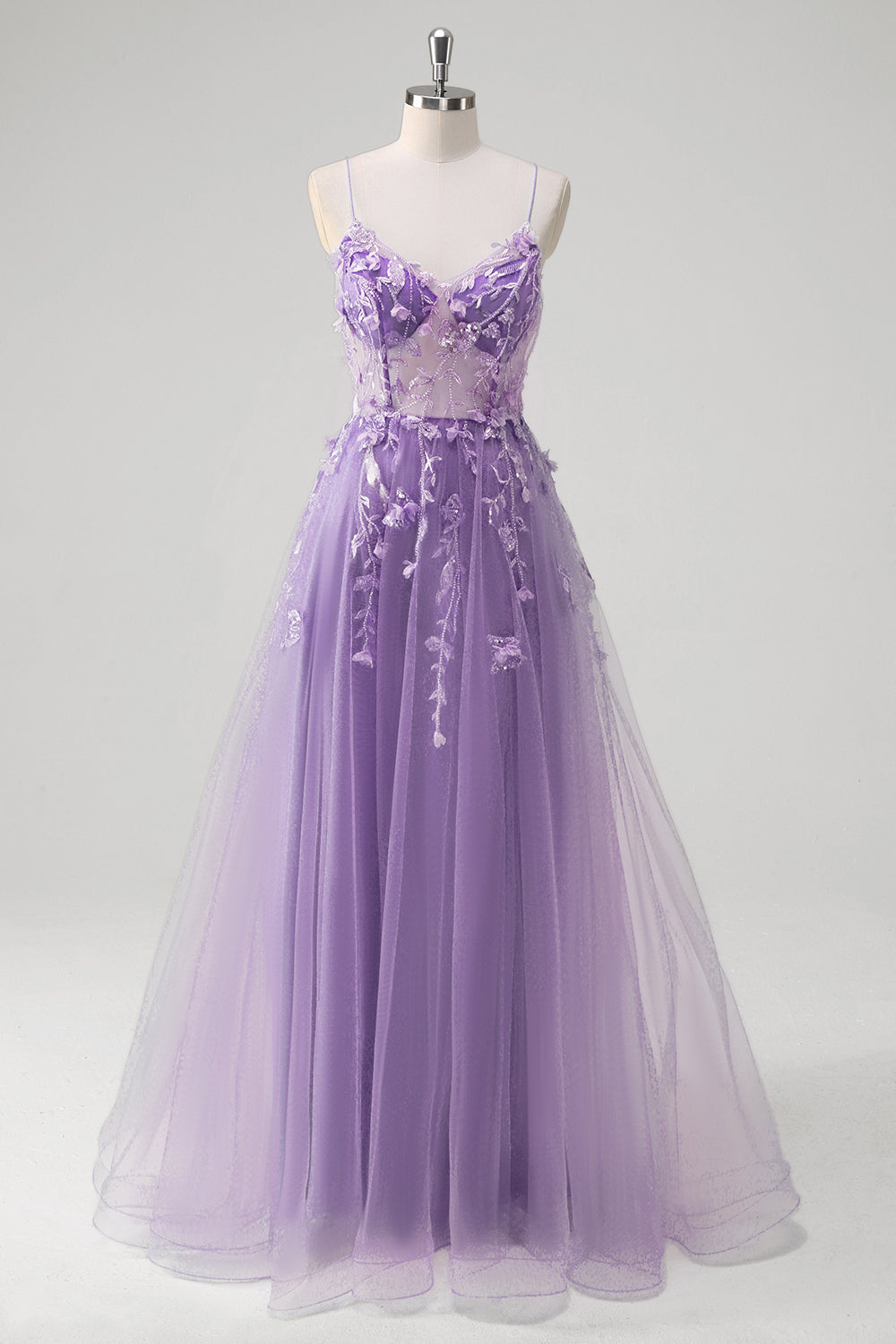 A-Linie Tüll Spaghettiträger Korsett Applikation Blaues Ballkleid mit Schlitz