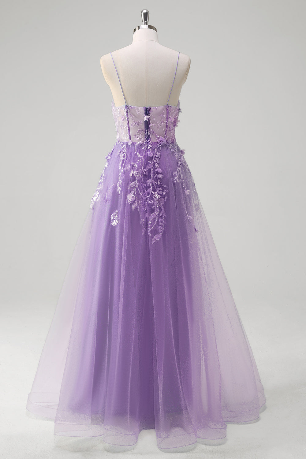 A-Linie Tüll Spaghettiträger Korsett Applikation Blaues Ballkleid mit Schlitz
