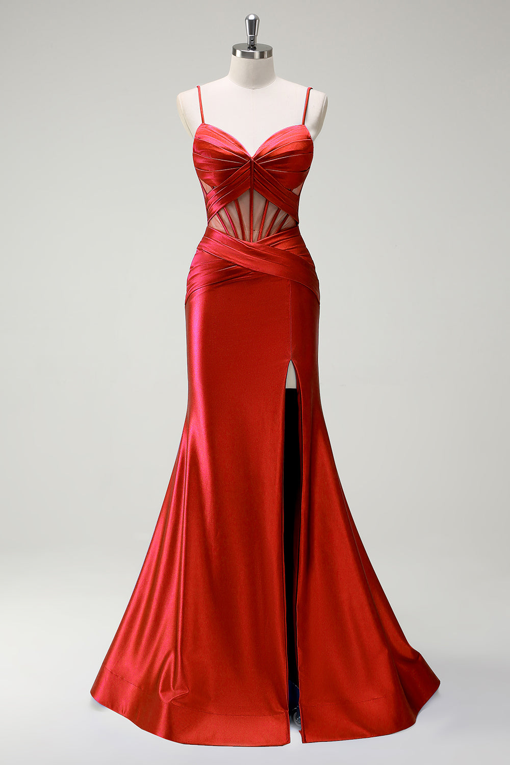 Königsblaues Meerjungfrau Spaghettiträger Satin Korsett Langes Ballkleid mit Schlitz