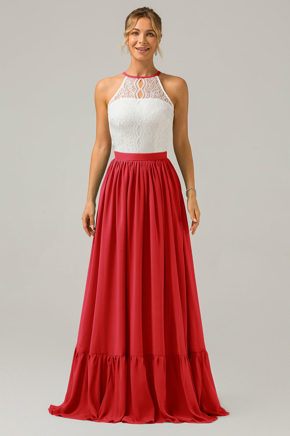 Weißes Schlüsselloch Boho Chiffon Langes Brautjungfernkleid mit Spitze