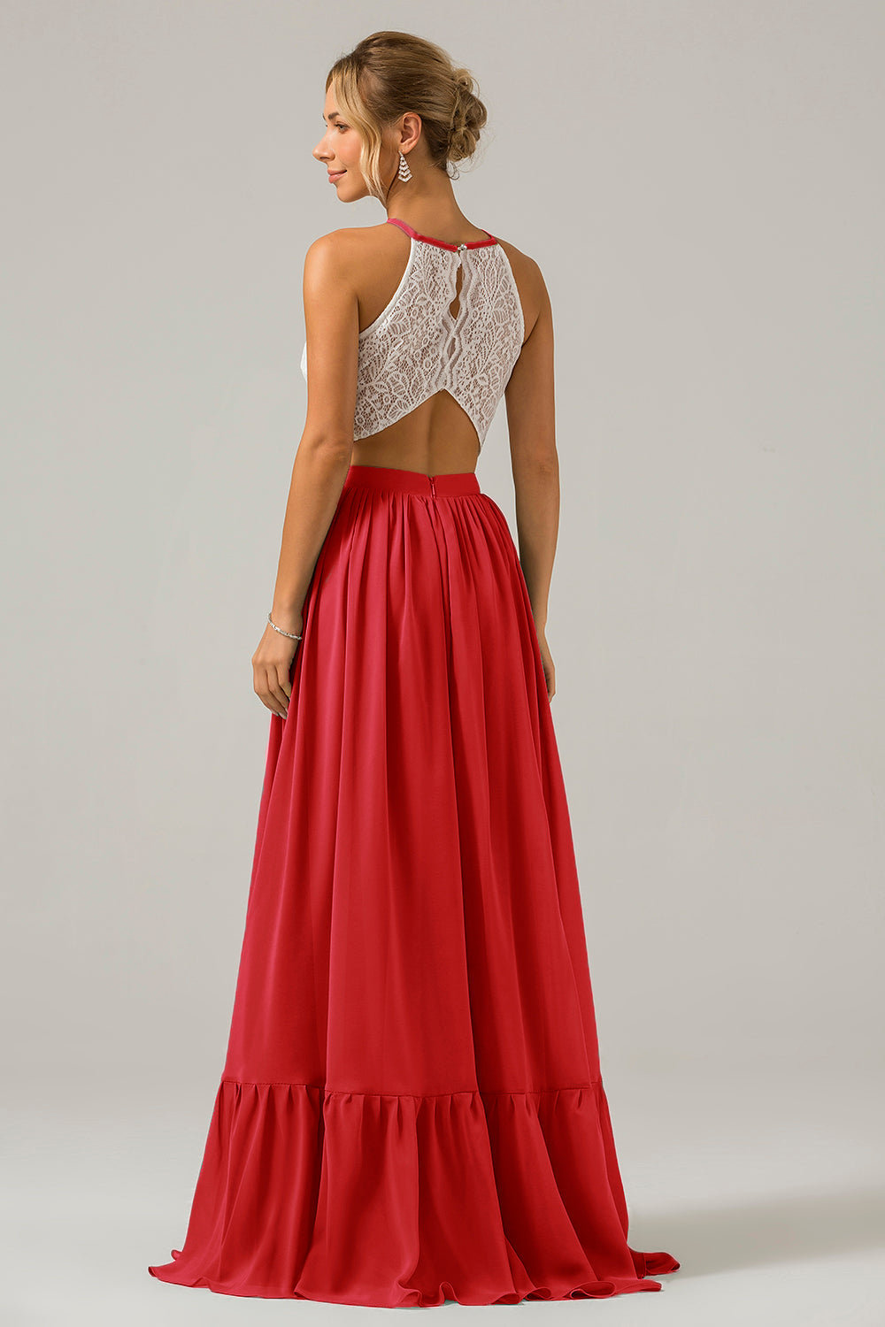 Weißes Schlüsselloch Boho Chiffon Langes Brautjungfernkleid mit Spitze