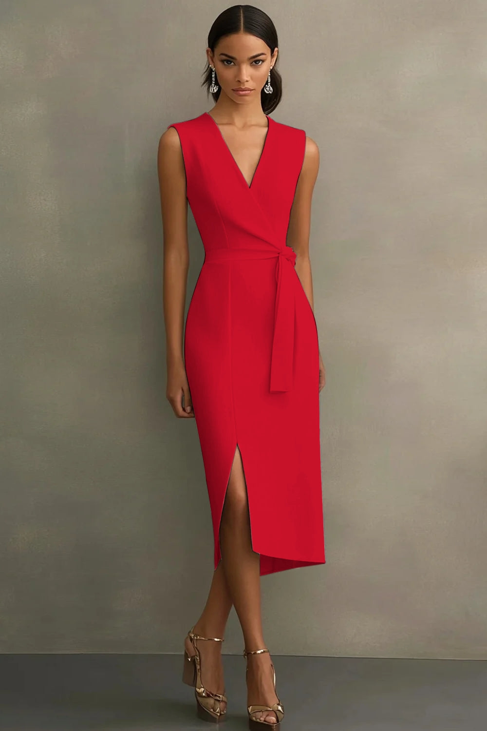 Weißes V-Ausschnitt Satin Standesamtkleid mit Gürtel