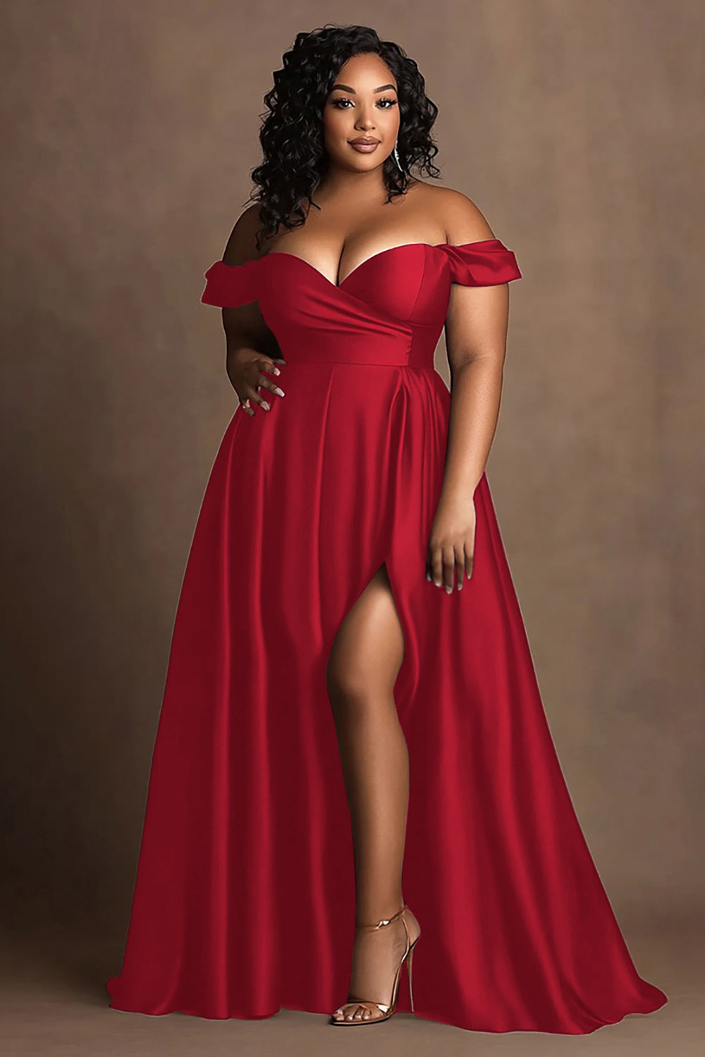 Große Größen Marineblaues Schulterfreies Satin Ballkleid mit Schlitz