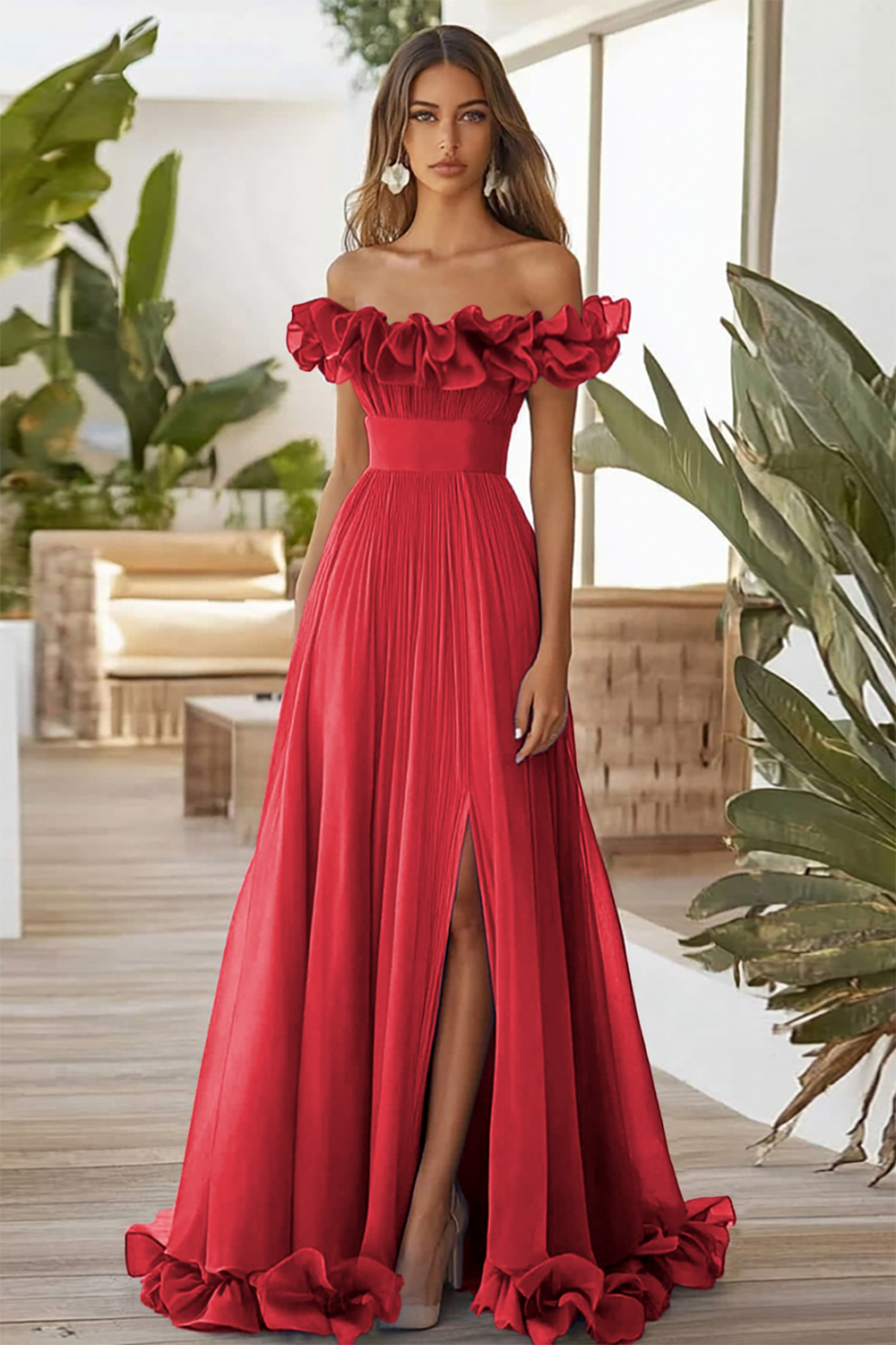 Schulterfreies Blaues A-Linie Ballkleid mit Schlitz