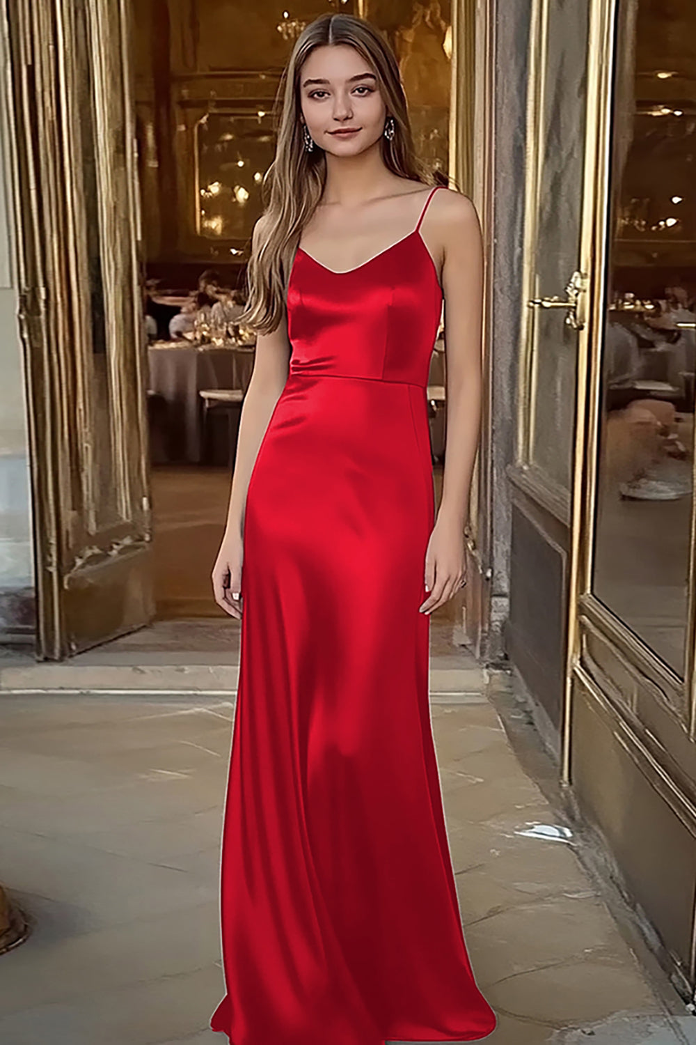 Spaghettiträger Kaffee Satin Langes Ballkleid