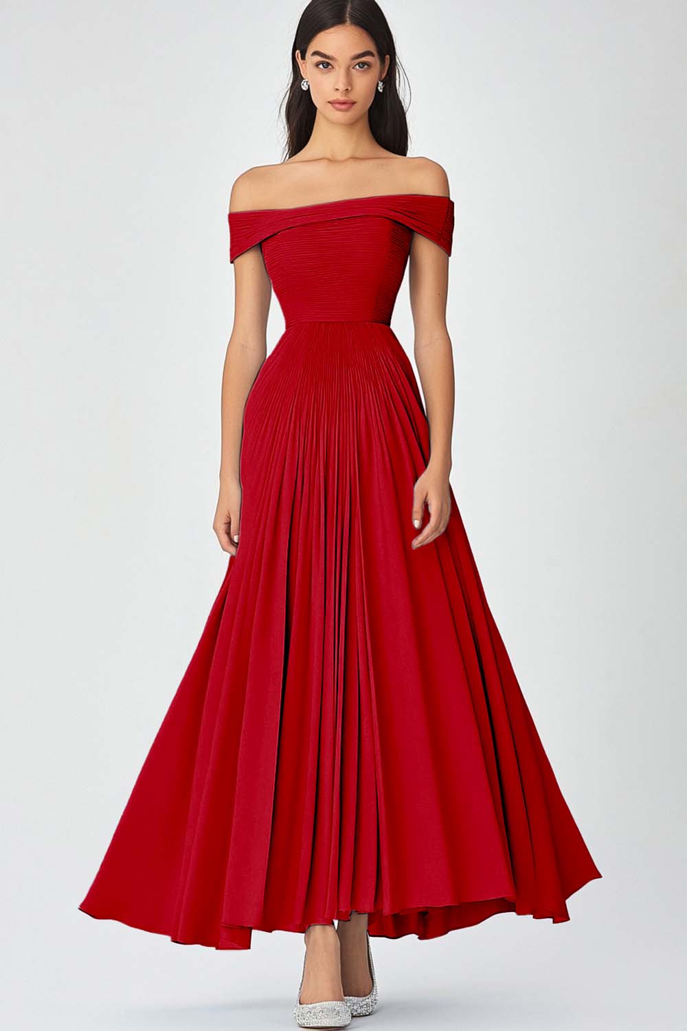 Schulterfreies Himmelblaues A-Linie Gerafftes Chiffon Abendkleid