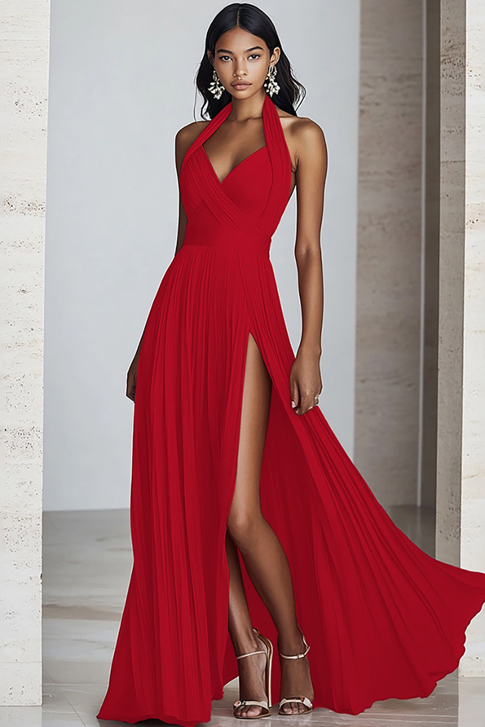 Schwarzes A-Linie Neckholder Chiffon Langes Plissiertes Ballkleid