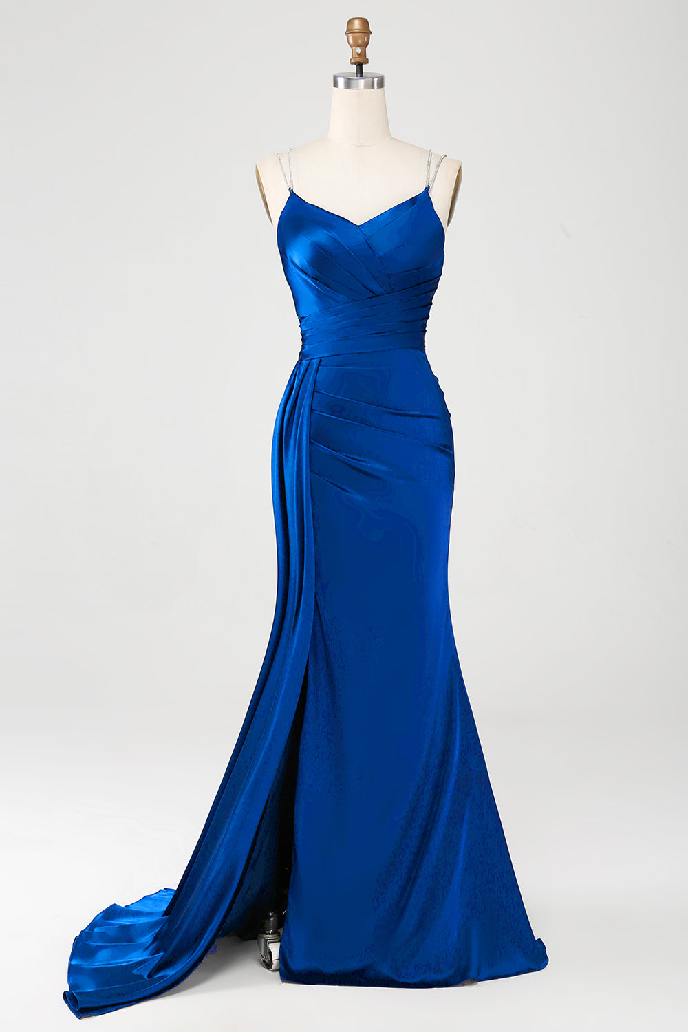 Marineblaues Meerjungfrauen Spaghettiträger Plissee Korsett Langes Ballkleid mit Schlitz
