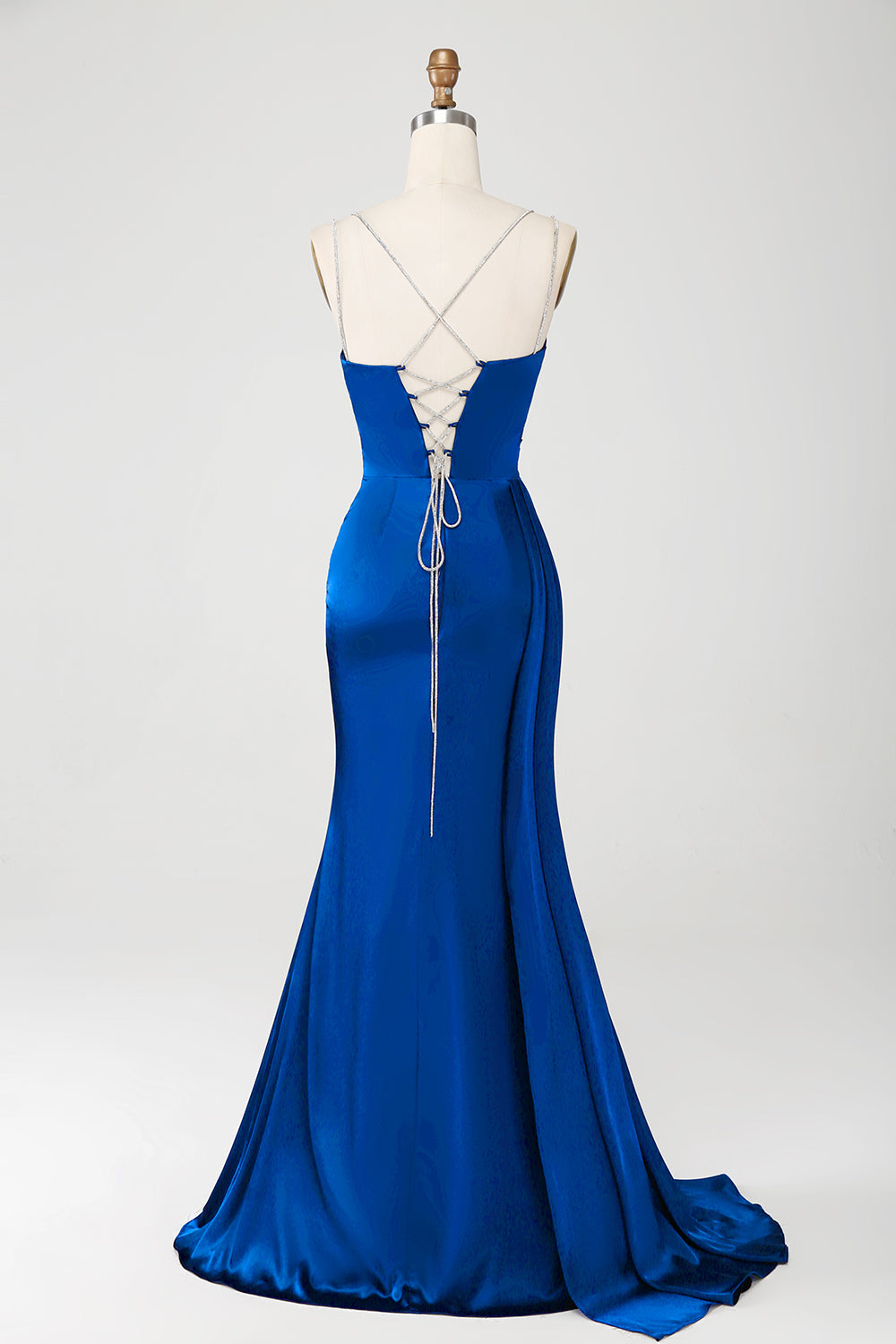 Marineblaues Meerjungfrauen Spaghettiträger Plissee Korsett Langes Ballkleid mit Schlitz