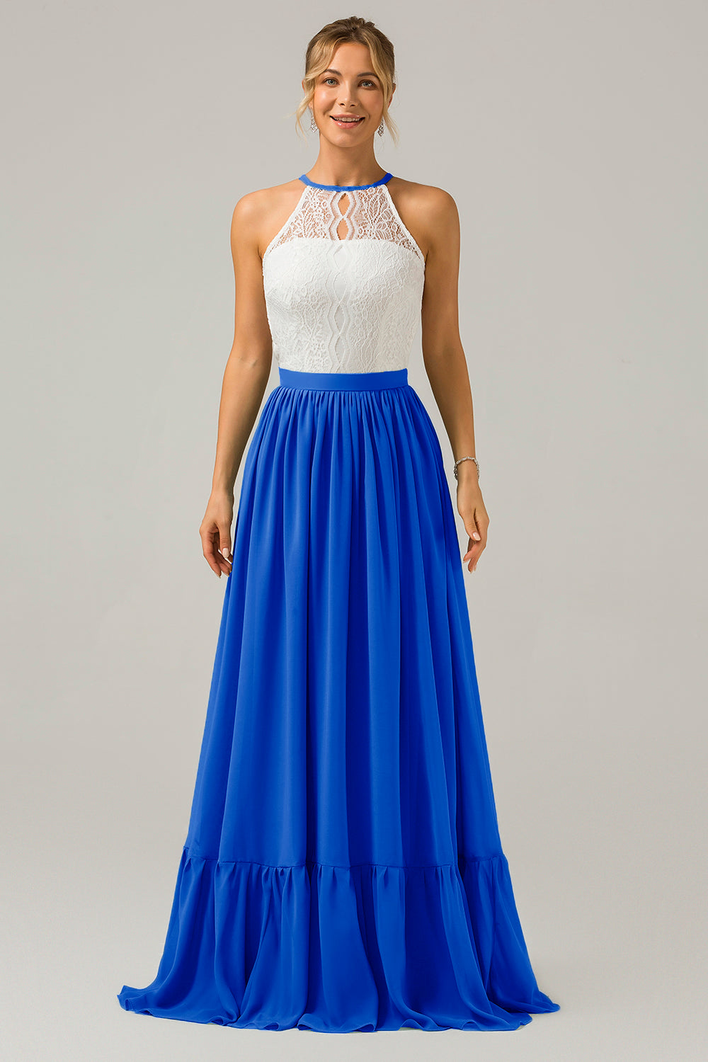 Eukalyptus Schlüsselloch Boho Chiffon Langes Brautjungfernkleid mit Spitze