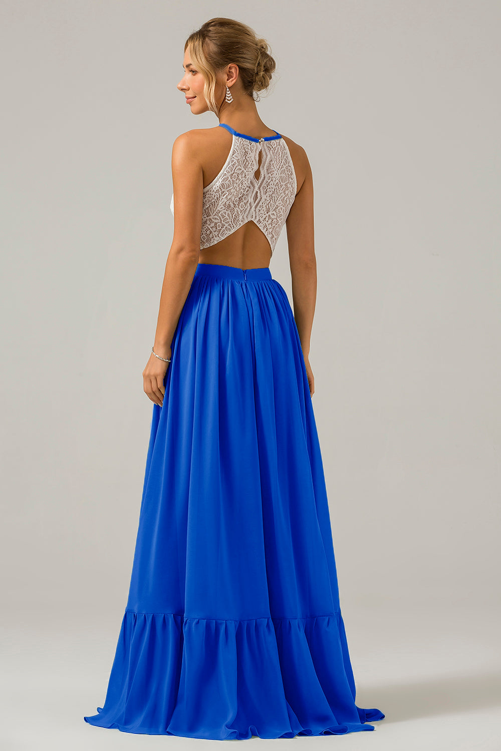 Eukalyptus Schlüsselloch Boho Chiffon Langes Brautjungfernkleid mit Spitze