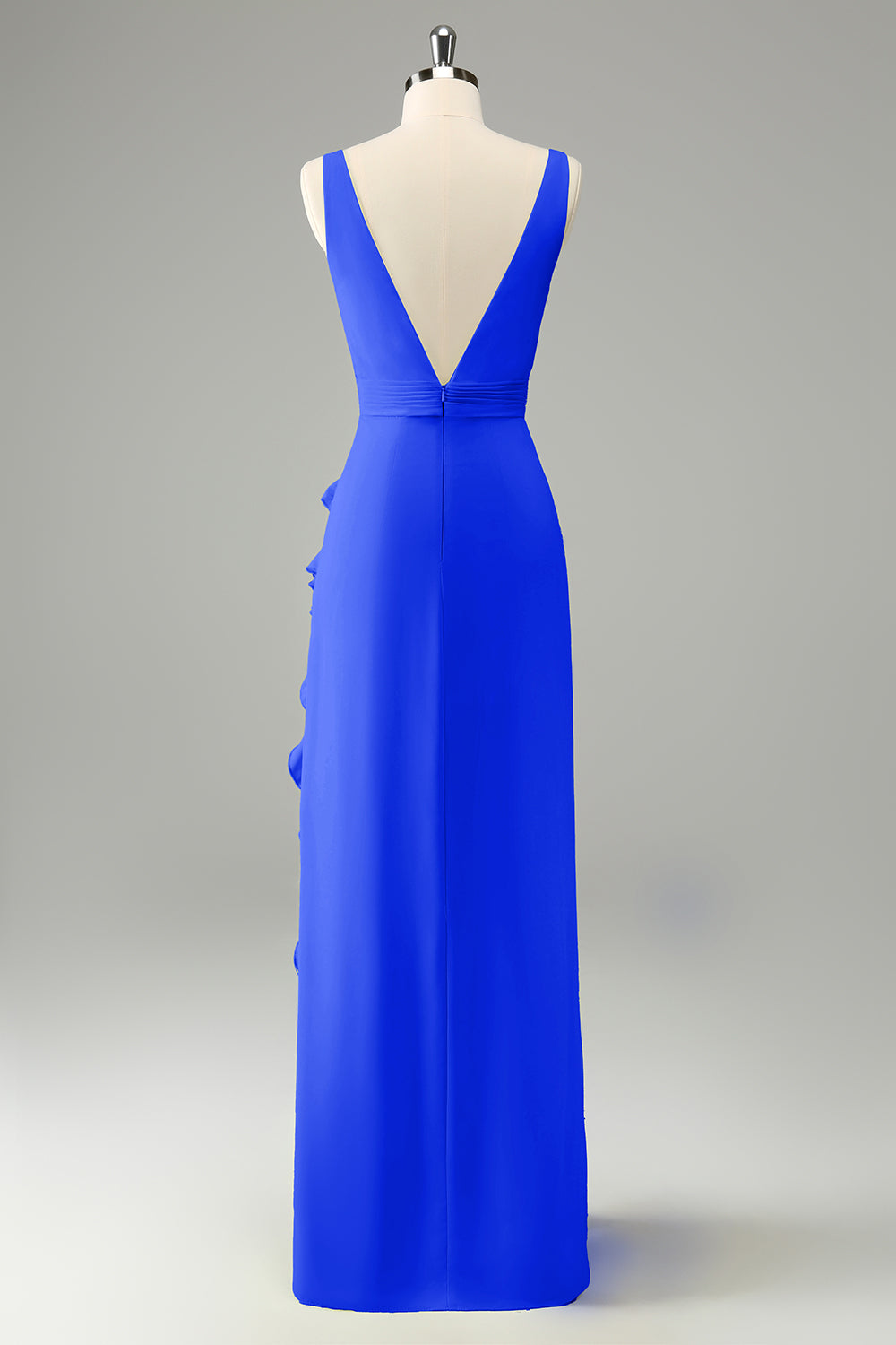 Zitrone Hochzeitsgastkleid mit tiefem V-Ausschnitt und Rüschen und Schlitz