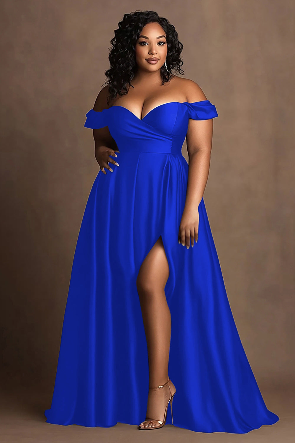 Große Größen Marineblaues Schulterfreies Satin Ballkleid mit Schlitz