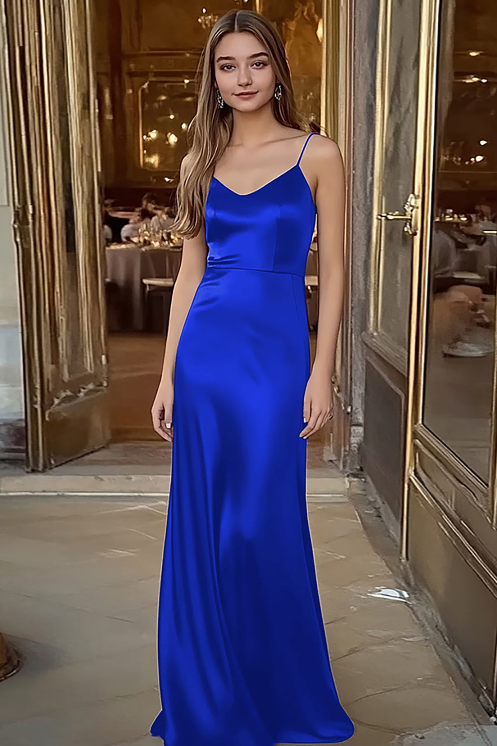 Spaghettiträger Kaffee Satin Langes Ballkleid