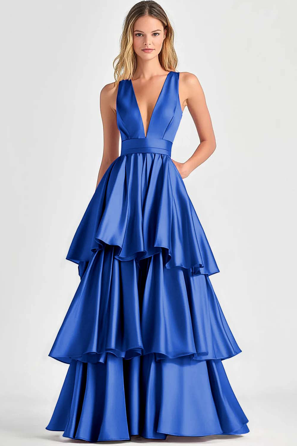 Fuchsia Ballkleid in A-Linie mit V-Ausschnitt und Rüschen