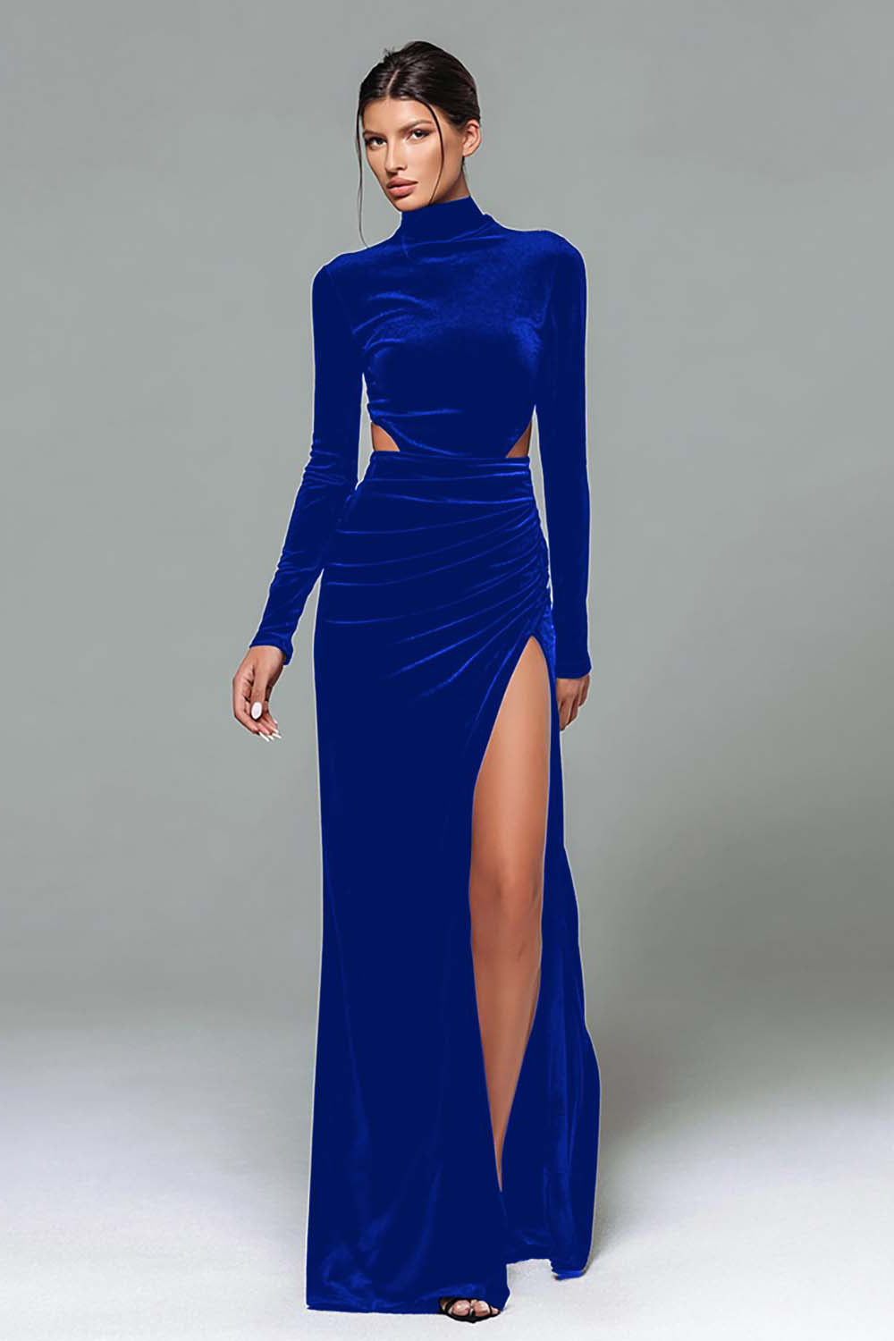 Schwarzes Samt Stehkragen Langarm Urlaub Party Kleid mit Schlitz