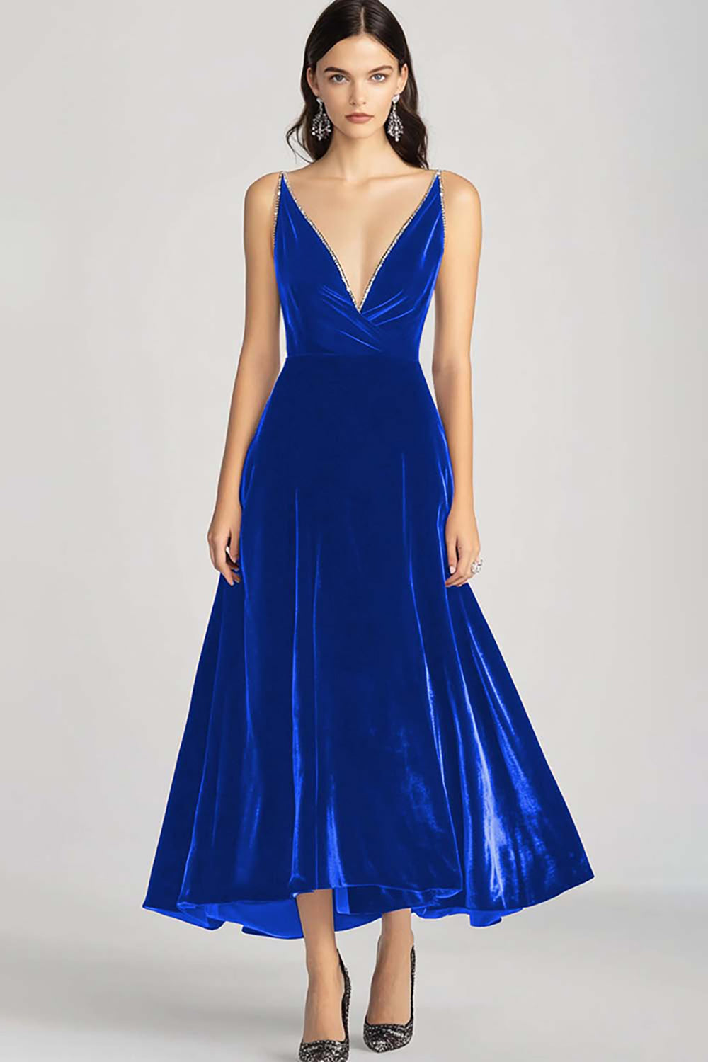 Burgunderrotes Spaghettiträger V-Ausschnitt Samt Ballkleid