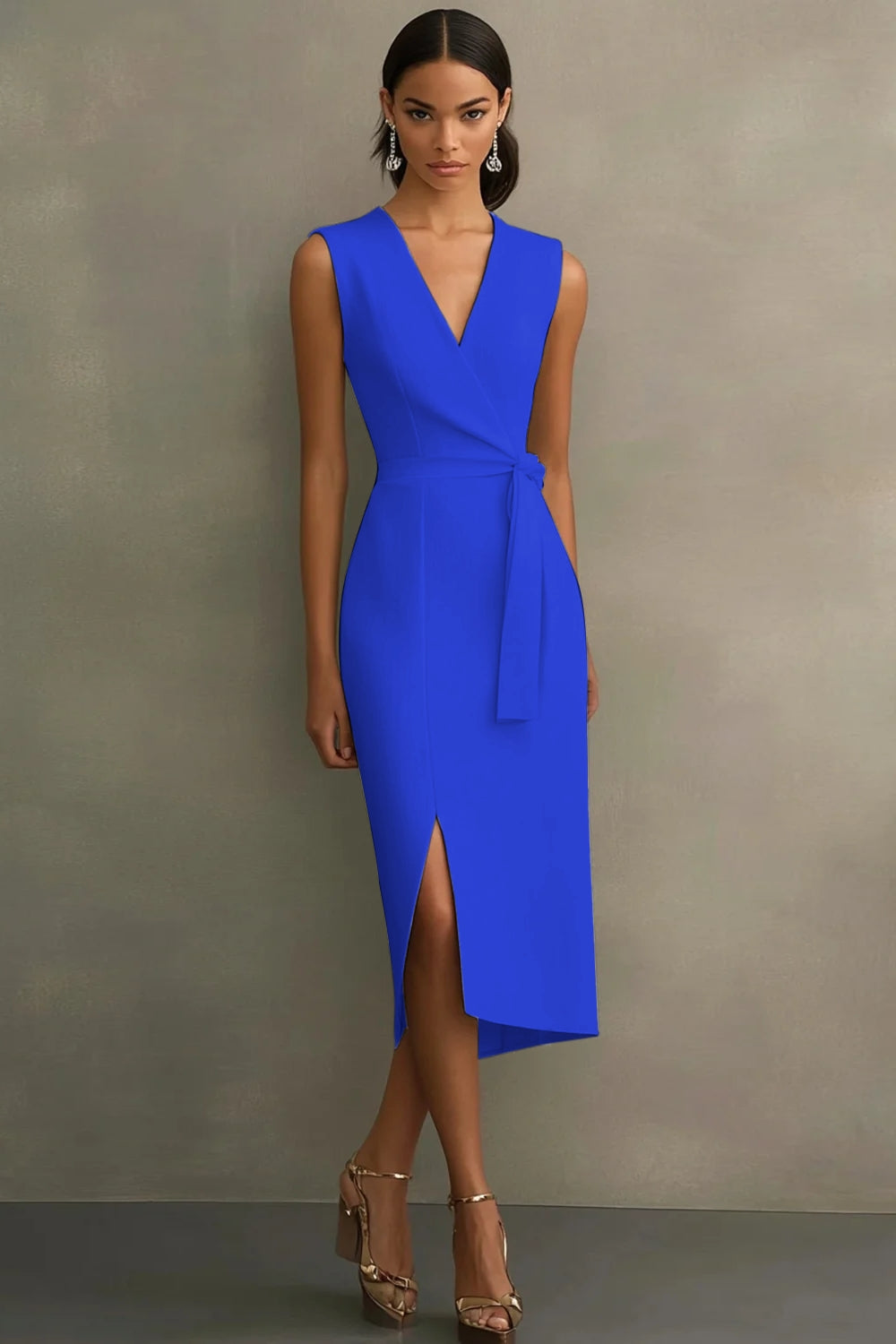 Weißes V-Ausschnitt Satin Standesamtkleid mit Gürtel