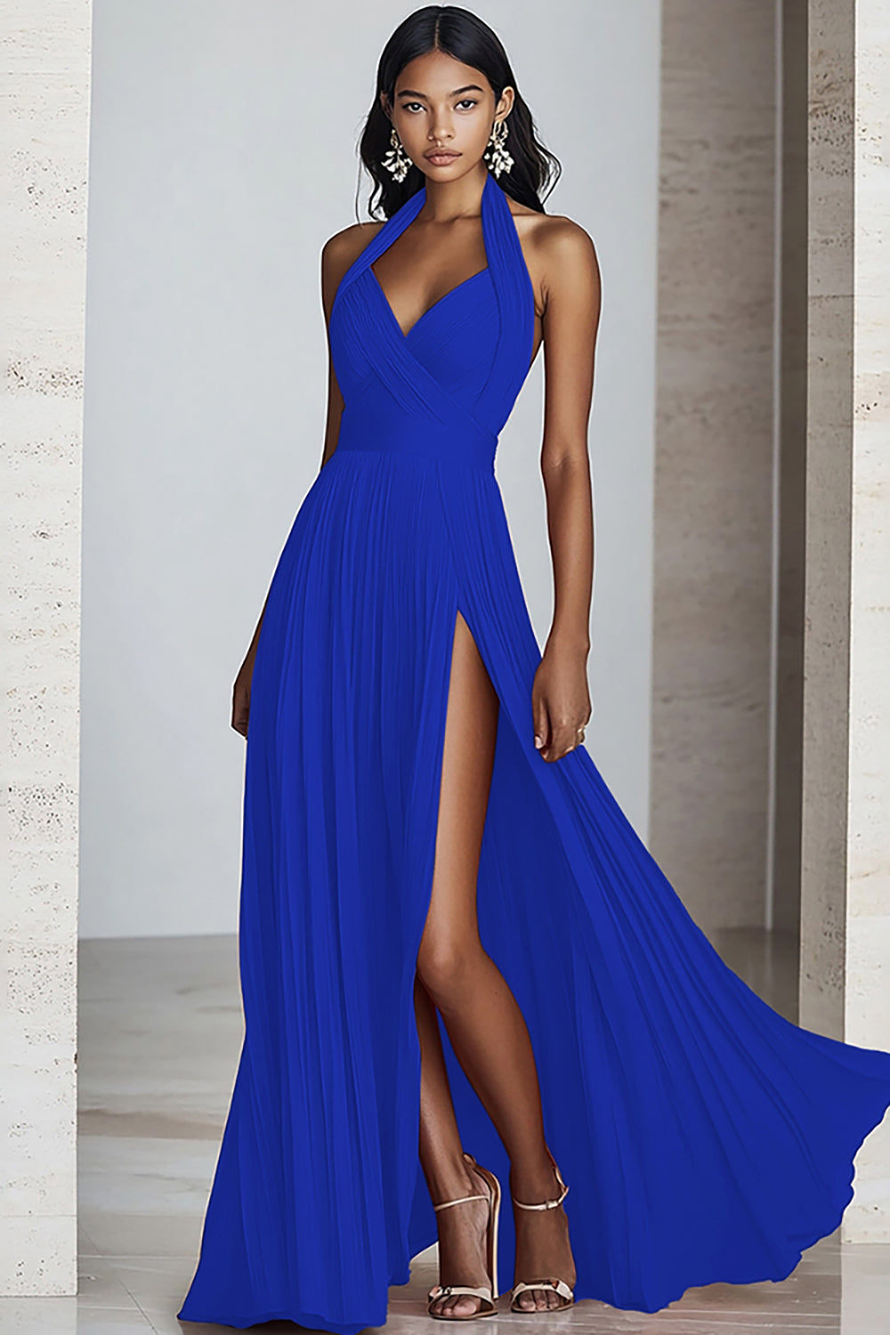 Schwarzes A-Linie Neckholder Chiffon Langes Plissiertes Ballkleid