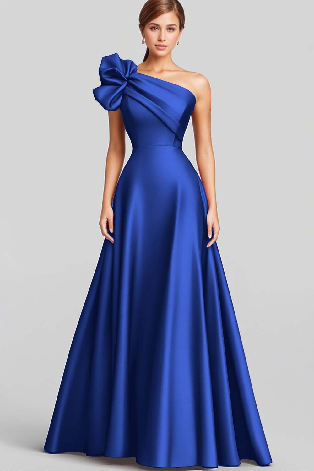 Marineblaues Langes Satin Abendkleid in A-Linie mit Rüschen und einer Schulter