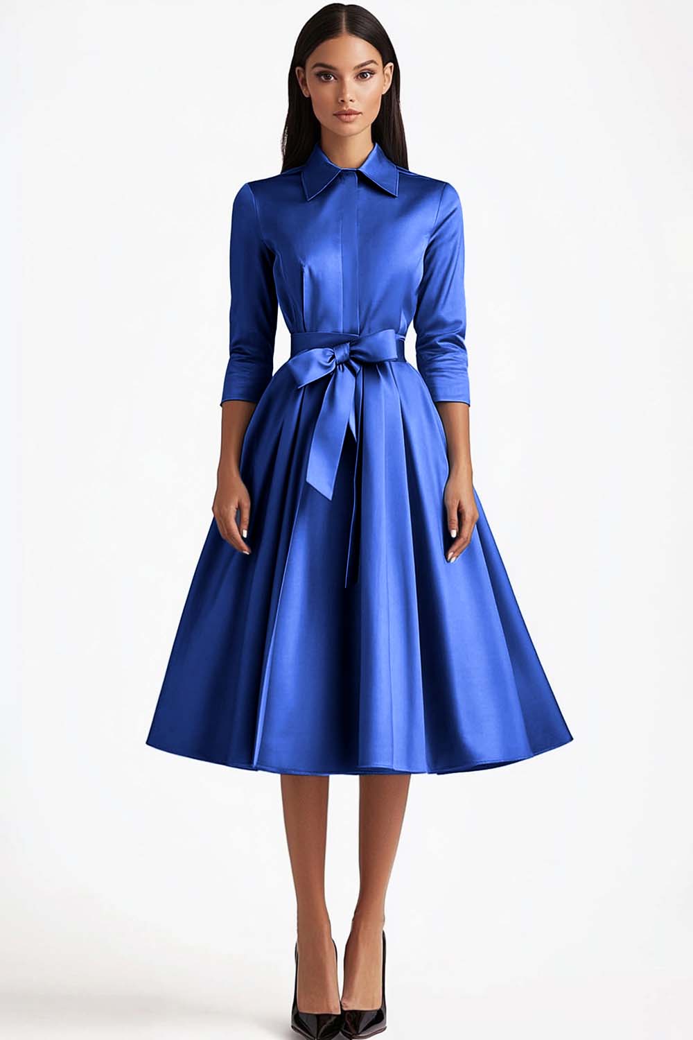 Blaues A-Linie Mittellanges Partykleid mit langen Ärmeln und Knopfverschlüssen