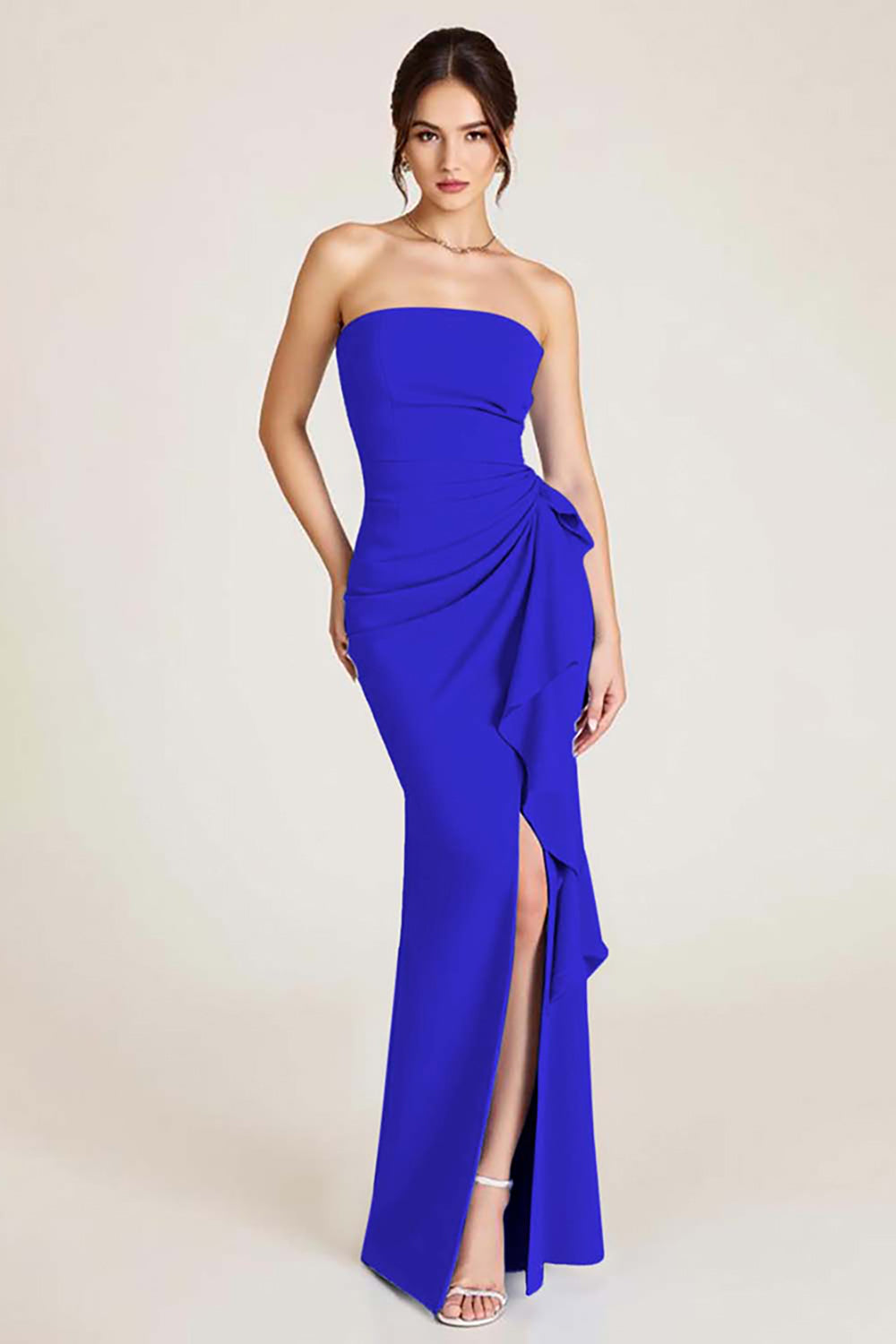 Himmelblaues Meerjungfrauen Hochzeitsgastkleid mit Rüschen und Schlitz