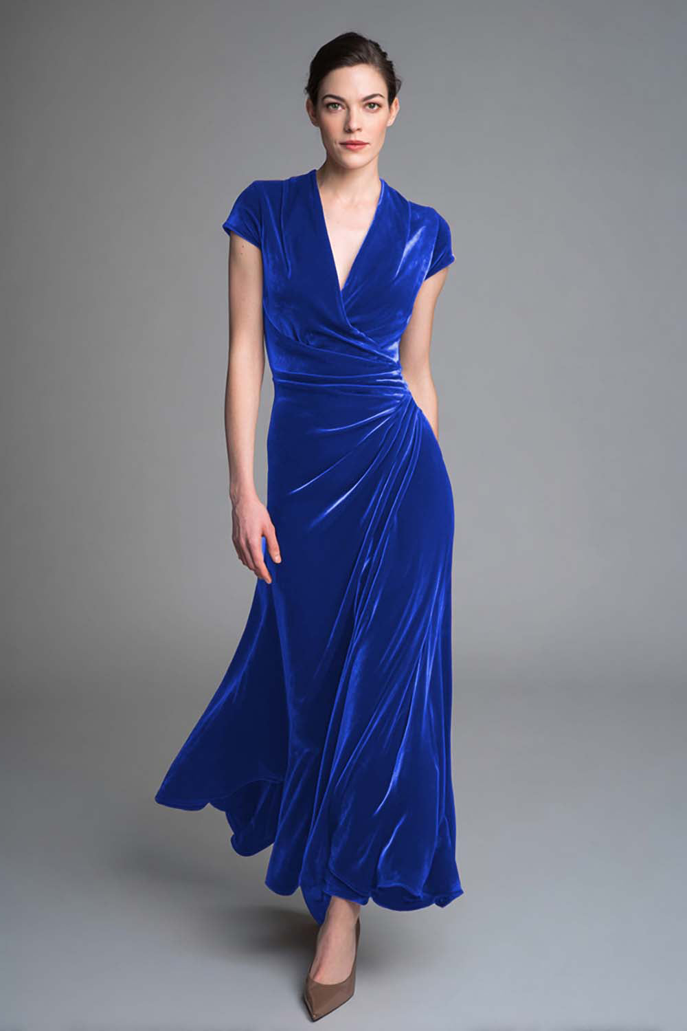Karamell Langes V-Ausschnitt Partykleid aus Samt mit Rüschen