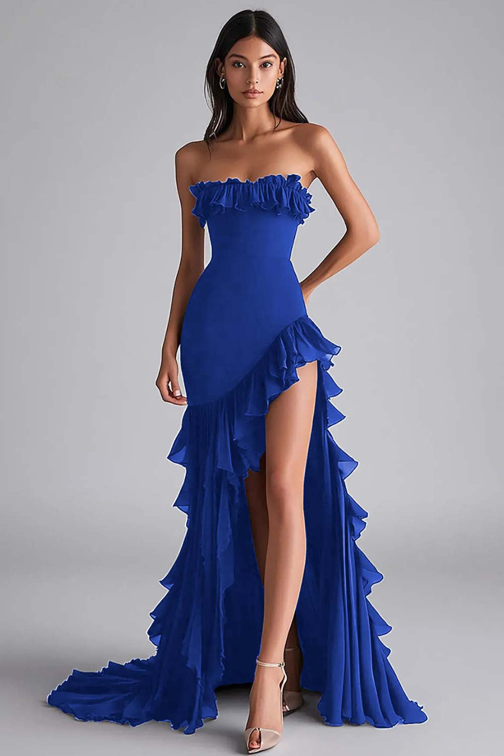 Schwarzes Meerjungfrau Trägerloses Ballkleid mit Rüschen und Schlitz