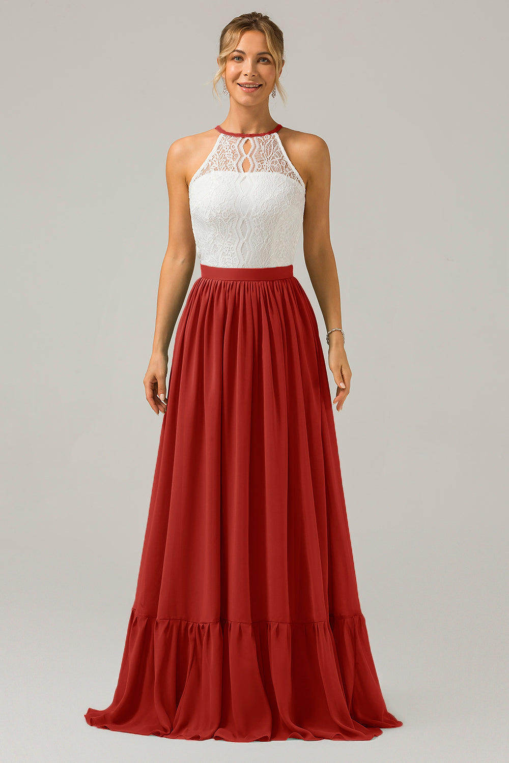 Cabernet Schlüsselloch Boho Chiffon Langes Brautjungfernkleid mit Spitze