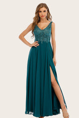 Blau Chiffon Langes Ballkleid mit Strass