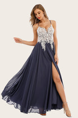 Dusty Blau Langes Chiffon Ballkleid mit Spitze