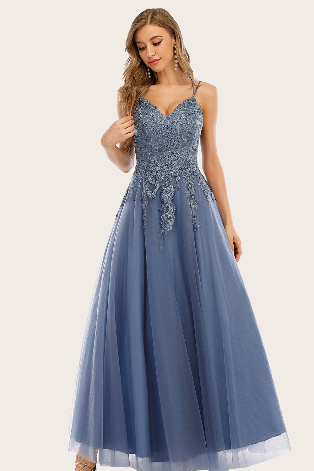 Dusty Blau Langes Ballkleid mit Spitze