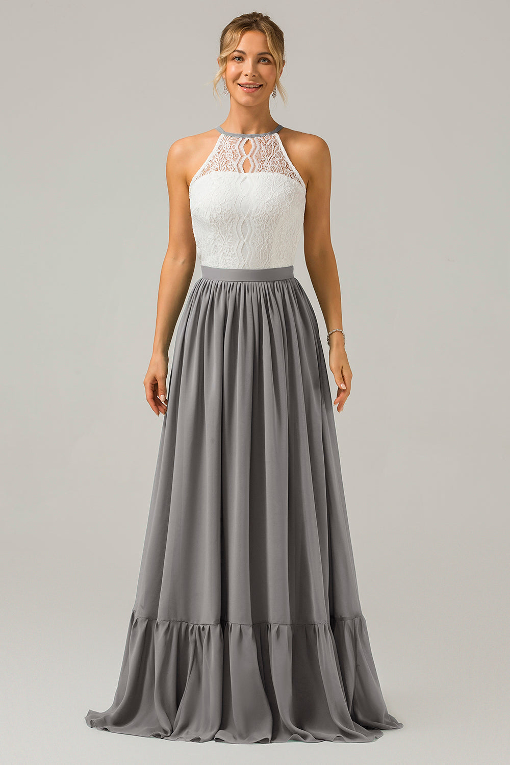 Blush Rosa Schlüsselloch Boho Chiffon Langes Brautjungfernkleid mit Spitze