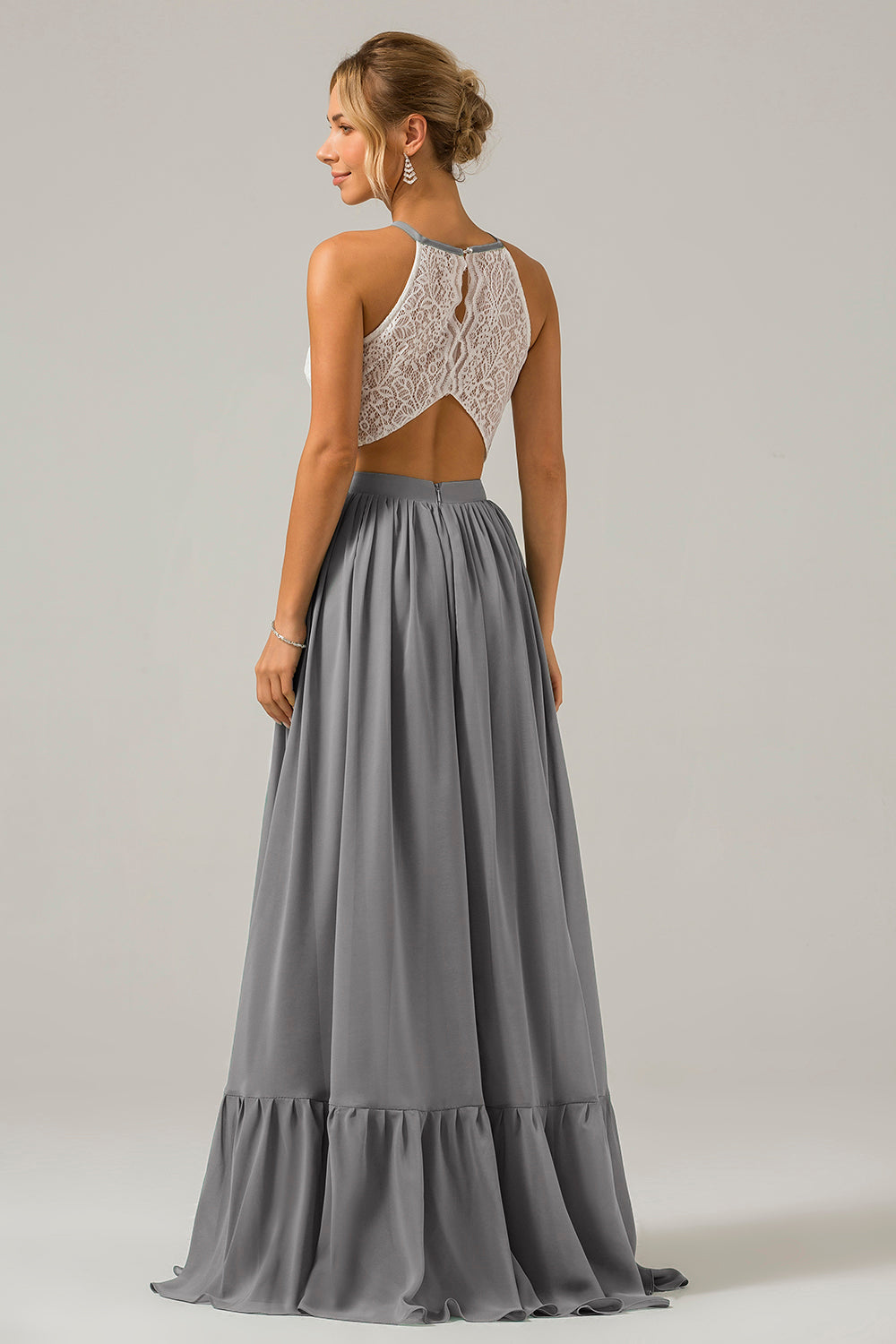 Blush Rosa Schlüsselloch Boho Chiffon Langes Brautjungfernkleid mit Spitze