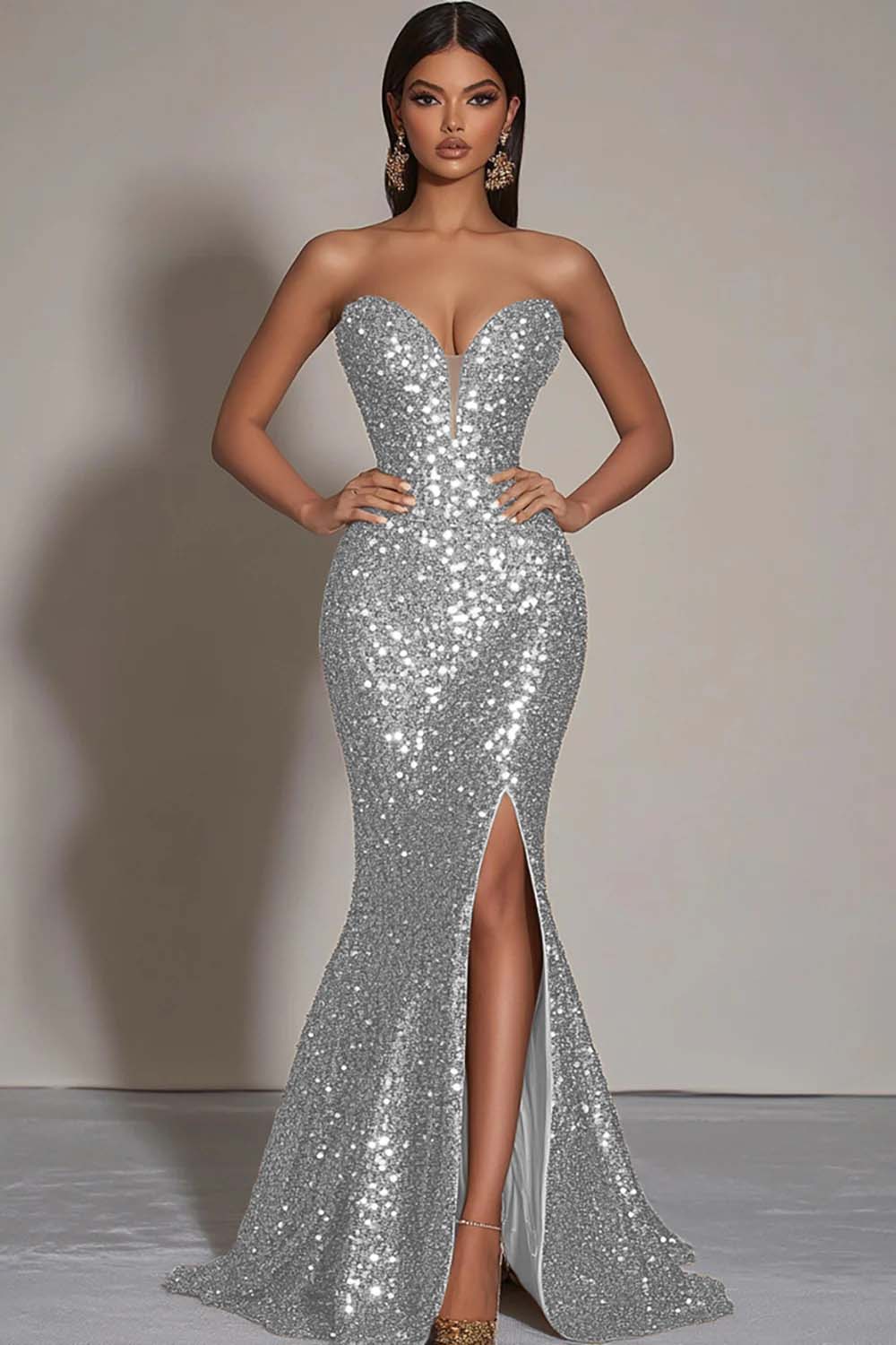 Goldenen Glitzerndes Trägerloses Meerjungfrauen Ballkleid mit Pailletten und Schlitz