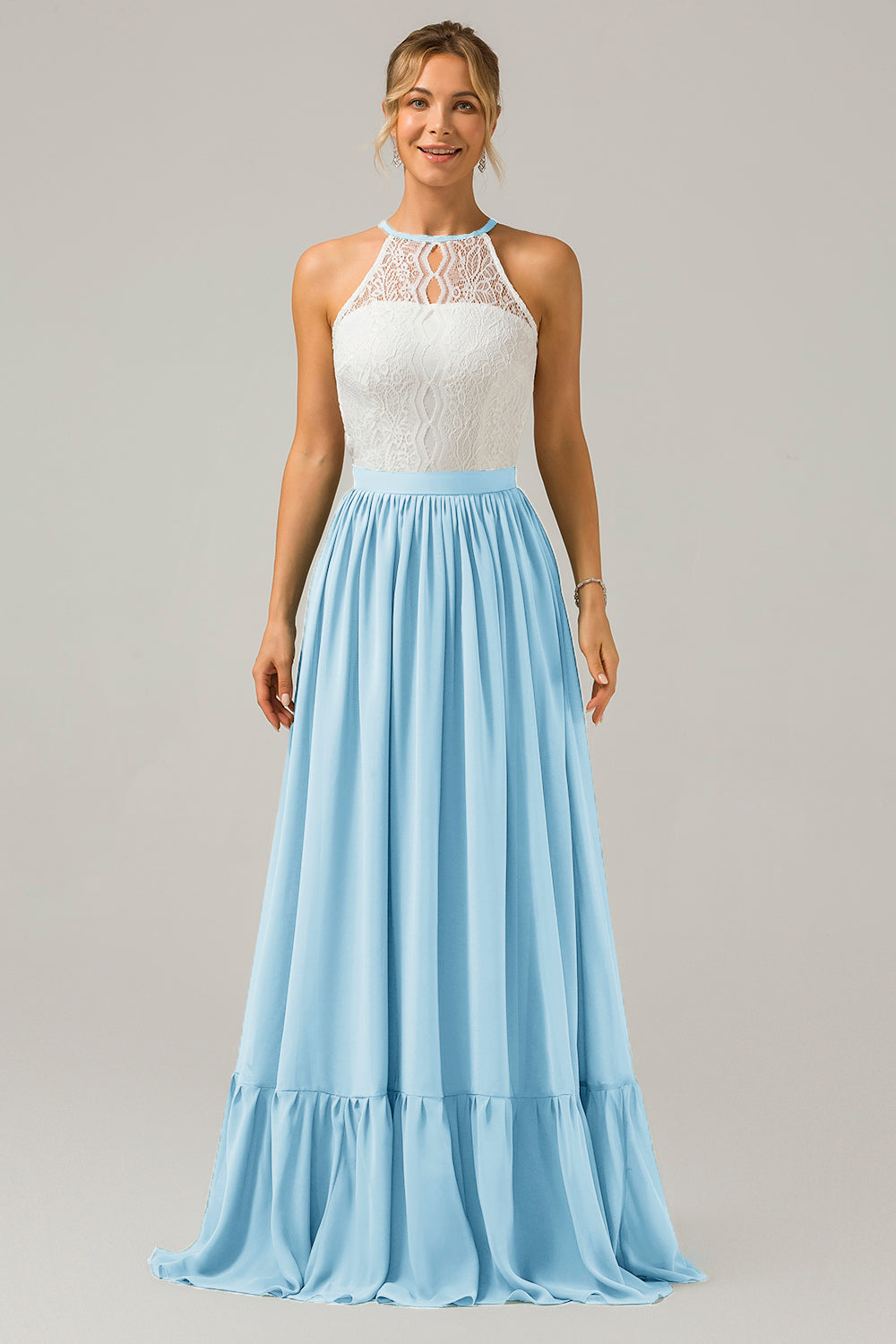 Blush Rosa Schlüsselloch Boho Chiffon Langes Brautjungfernkleid mit Spitze
