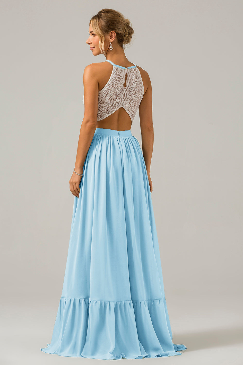 Blush Rosa Schlüsselloch Boho Chiffon Langes Brautjungfernkleid mit Spitze