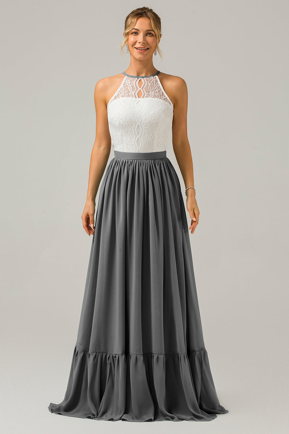 Cabernet Schlüsselloch Boho Chiffon Langes Brautjungfernkleid mit Spitze